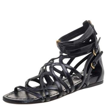 Pre Owned Miu Miu Black Patent Leather Gladiator Flats Size 38