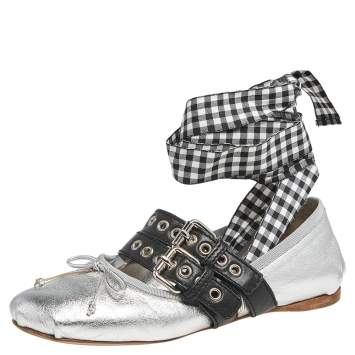 Pre Owned Miu Miu Silver/Black Leather Tie Up Ballet Flats Size 37.5