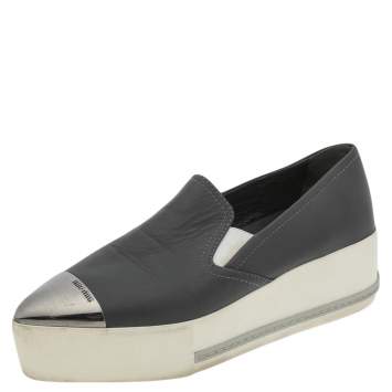 Pre Owned Miu Miu Grey Leather Slip on Sneakers Size 38