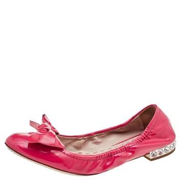 Pre Owned Miu Miu Pink Patent Leather Crystal Embellished Bow Ballet Flats Size 38