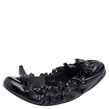 Pre Owned Miu Miu Black Patent Leather Scrunch Bow Ballet Flats Size 35.5