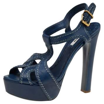Pre Owned Miu Miu Blue Leather Stitch Detail Ankle Strap Platform Sandals Size 38
