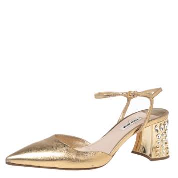 Pre Owned Miu Miu Gold Leather Jewel Embellished Block Heel Ankle-Strap Pointed-Toe Pumps Size 40