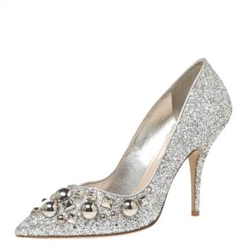 Pre Owned Miu Miu Silver Studded Glitter Pointed-Toe Pumps Size 38
