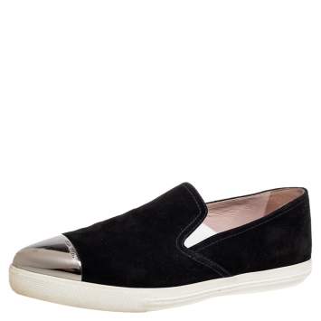 Pre Owned Miu Miu Black Suede Metal Cap Toe  Slip On Sneakers Size 38