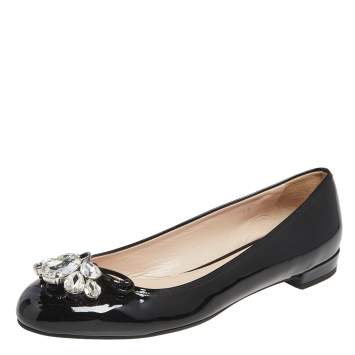 Pre Owned Miu Miu Black Patent Leather Crystal Embellished Ballet Flats Size 40