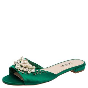Pre Owned Miu Miu Green Satin Faux Pearl Embellished Flat Slides Size 40