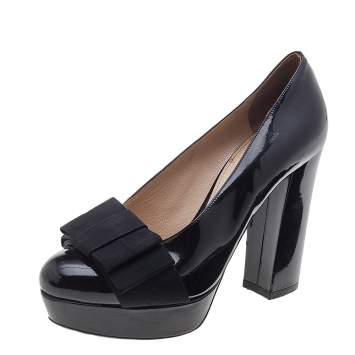 Pre Owned Miu Miu Black Patent Leather Bow Platform Pumps Size 35.5
