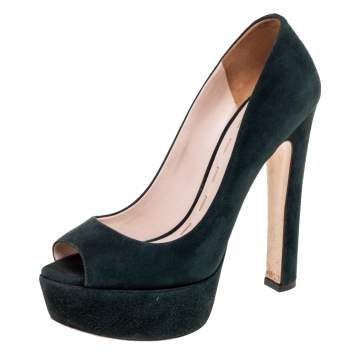 Pre Owned Miu Miu Dark Green Suede Peep Toe Platform Pumps Size 36