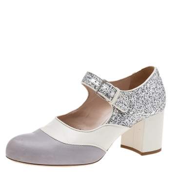 Pre Owned Miu Miu Multicolor Leather And Glitter Mary Jane Pumps Size 37