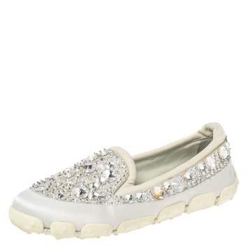 Pre Owned Miu Miu Grey Satin And Fabric Crystal Embellished Slip On Sneakers Size 38.5