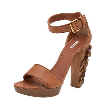 Pre Owned Miu Miu Brown Leather Floral Carved Wooden Heel Ankle Strap Sandals Size 39