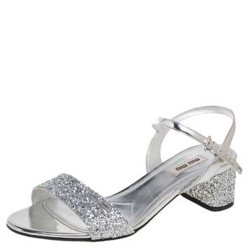 Pre Owned Miu Miu Silver Glitter and Patent Leather Ankle-Strap Sandals Size 38