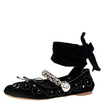 Pre Owned Miu Miu Black Velvet Embellished Bow Ankle Wrap Ballet Flats Size 38