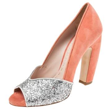 Pre Owned Miu Miu Silver/Coral Pink Coarse Glitter and Suede Peep-Toe Pumps Size 37.5