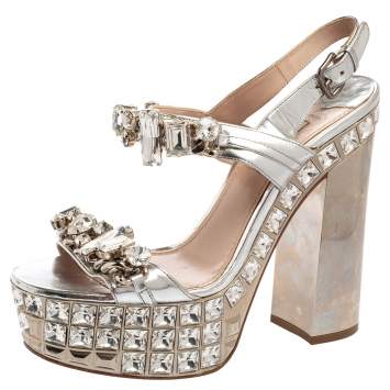 Pre Owned Miu Miu Silver Leather Crystal Embellished Block Heel Platform Sandals Size 38