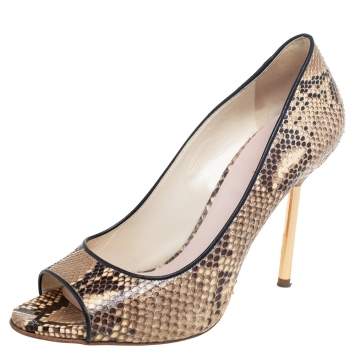 Pre Owned Miu Miu Beige/Brown Python Leather Open-Toe Pumps Size 39