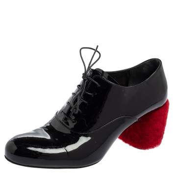 Pre Owned Miu Miu Black Patent Leather Shearling Heel Lace-Up Oxfords Size 38