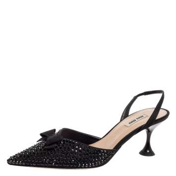Pre Owned Miu Miu Black Studded Satin Bow Slingback Pumps Size 39.5