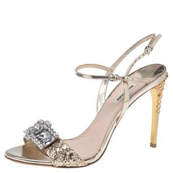 مملوكة مسبقًا Miu Miu Metallic Gold Glitter And Leather Crystal Embellished Ankle Strap Sandals Size 39