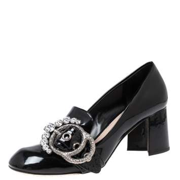 Pre Owned Miu Miu Black Patent Leather Crystal Embellished Buckle Loafer Pumps Size 37