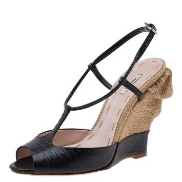 Pre Owned Miu Miu Black Lizard Embossed Leather Wedge T Strap Sandals Size 36