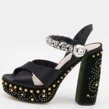 Pre Owned Miu Miu Black Satin Crystal Embellished Criss Cross Platform Ankle Strap Sandals Size 36
