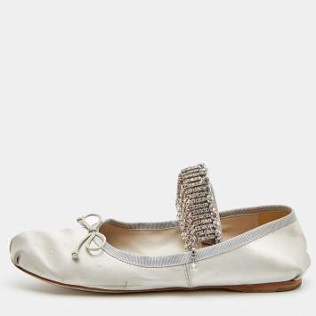 Pre Owned Miu Miu Light Grey Satin Crystal Embellished Strap Ballet Flats Size 40