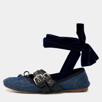 Pre Owned Miu Miu Blue/Black Denim And Leather Buckle Detail Ballet Flats Size 39.5