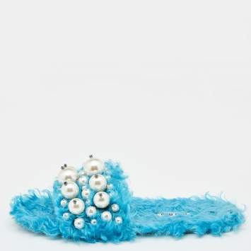 Pre Owned Miu Miu Blue Faux Fur Pearl Embellished Flat Slides Size 38.5