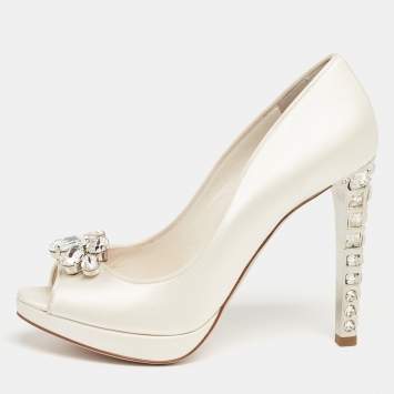 Pre Owned Miu Miu Ivory Satin Crystal Embellished Heel Peep-Toe Platform Pumps Size 36.5