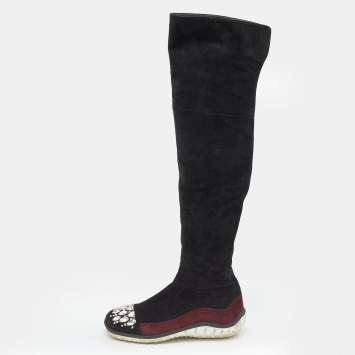 Pre Owned Miu Miu Black/Burgundy Suede Crystal Embellished Over The Knee Boots Size 39