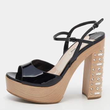 Pre Owned Miu Miu Black Patent Leather Embellished Heel Platform Ankle Strap Sandals Size 39.5