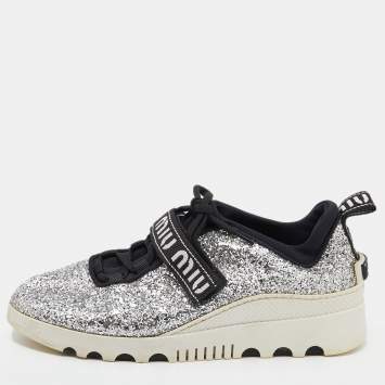 Pre Owned Miu Miu Silver Glitter Low Top Sneakers Size 39.5