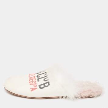 Pre Owned Miu Miu White Canvas And Fur Mule Flats Size 37