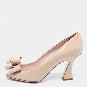 Pre Owned Miu Miu Beige Patent Leather Bow Peep Toe Pumps Size 39