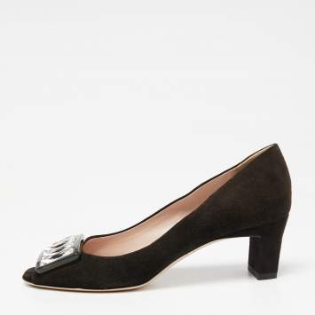 Pre Owned Miu Miu  Brown Suede Crystal Embellished Peep Toe Pumps Size 37.5