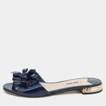 Pre Owned Miu Miu Navy Blue Patent Leather Bow Crystal Embellished Heel Slide Sandals Size 37