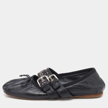 Pre Owned Miu Miu Black Leather Buckle Ballet Flats Size 38