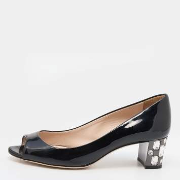 Pre Owned Miu Miu Black Patent Leather Crystal Embellished Block Heel Peep Toe Pumps Size 36