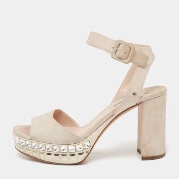 Pre Owned Miu Miu Beige Suede Crystal Embellished Platform Ankle-Strap Sandals Size 39.5 