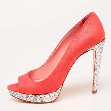Pre Owned Miu Miu Neon Pink Leather And Glitter Peep Toe Platform Pumps Size 38.5