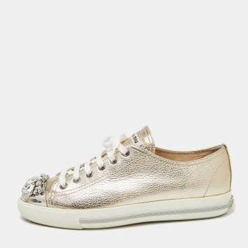 Pre Owned Miu Miu Gold Leather Crystal Embellished Cap Toe Sneakers Size 38.5 