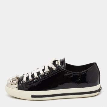 Pre Owned Miu Miu  Black Patent Leather Crystal Embellished Cap Toe Lace Up Sneakers Size 38.5