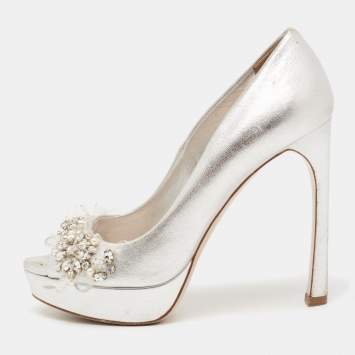 Pre Owned Miu Miu Silver Leather Embellished Peep Toe Pumps Size 36.5