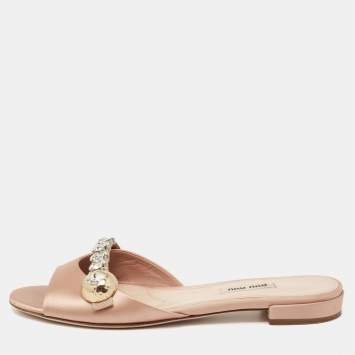 Pre Owned Miu Miu Beige Satin Crystal Embellished  Flat Sandals Size 39.5