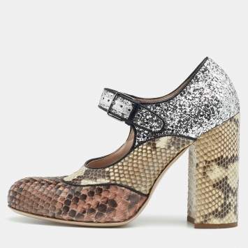 Pre Owned Miu Miu Multicolor Glitter and Python Mary Jane Block Heel Pumps Size 35