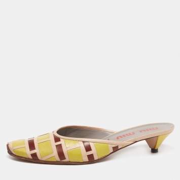 Pre Owned Miu Miu Tricolor Woven Leather Mule Sandals Size 37.5