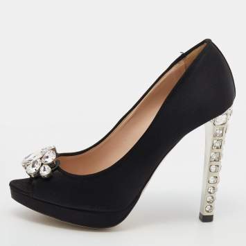 Pre Owned Miu Miu Black Satin Crystal Embellished Heel Peep Toe Platform Pumps Size 35.5