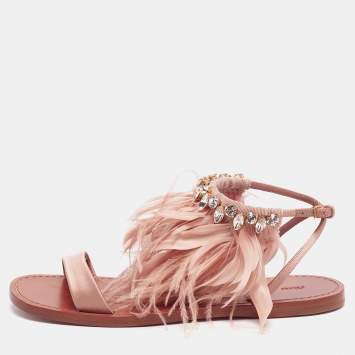 Pre Owned Miu Miu Beige Satin And Fur Crystal Embellished Ankle Cuff Flat Sandals Size 37.5